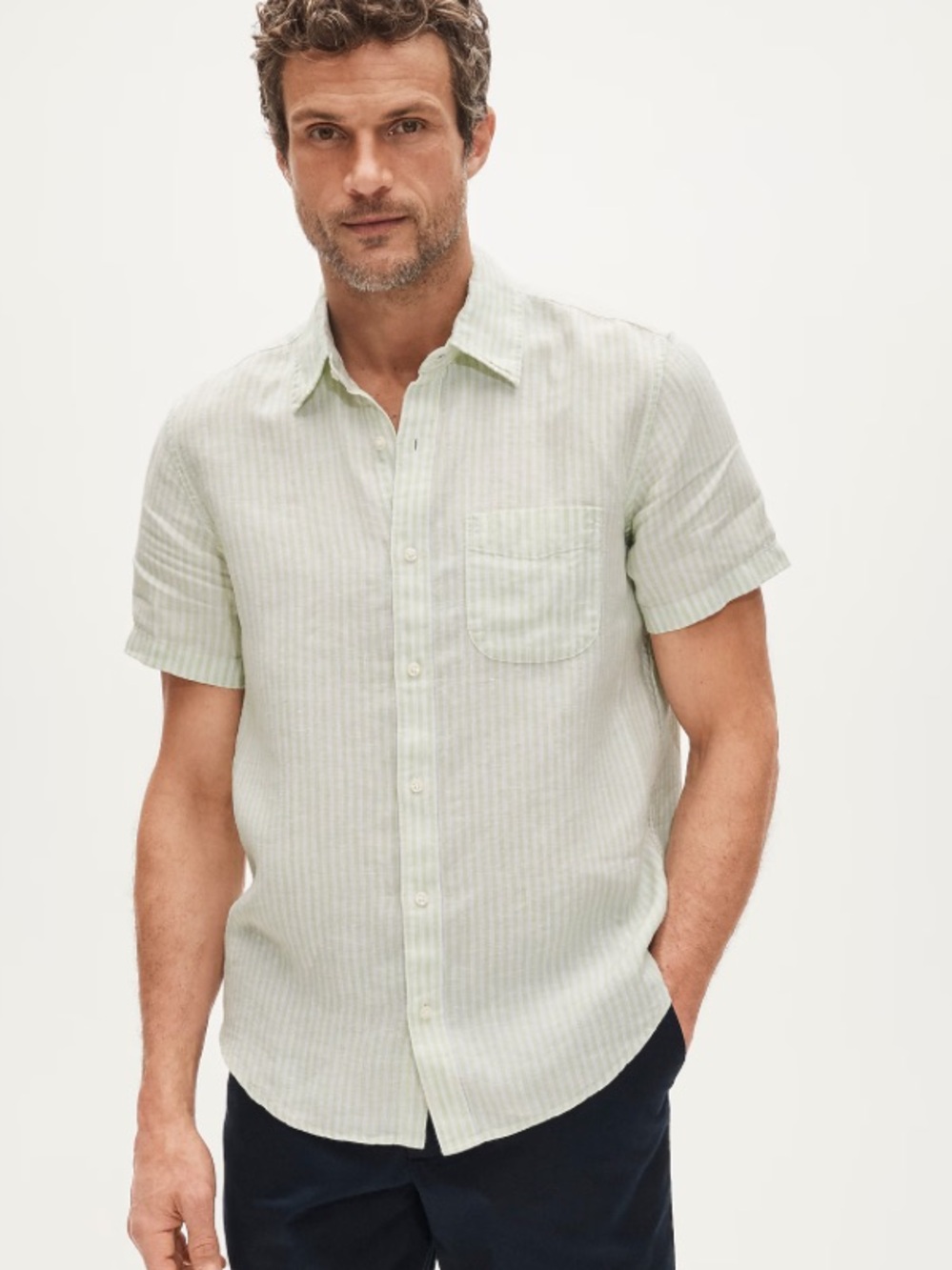 J crew green white Short-sleeve point-collar linen shirt in stripe